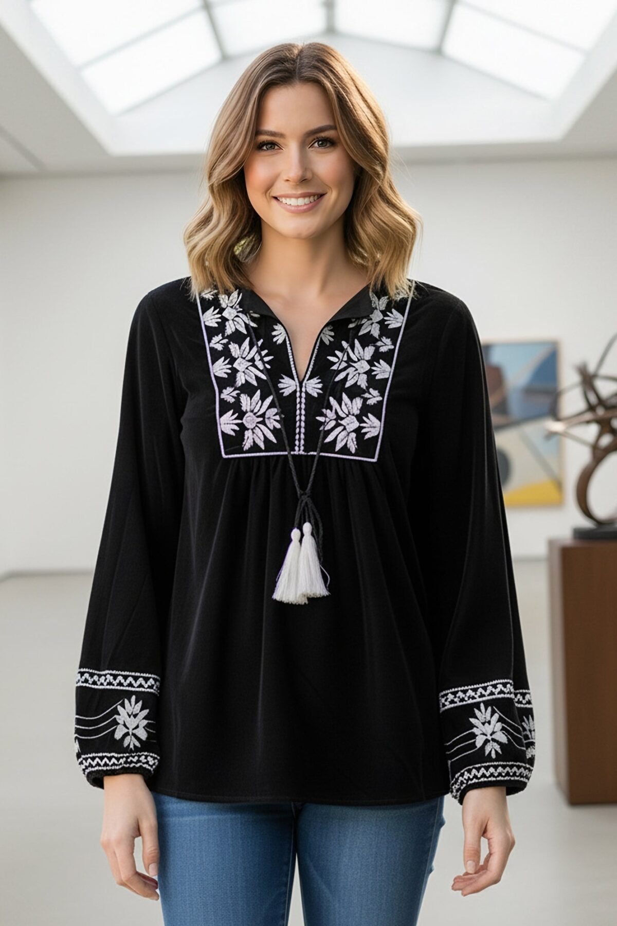 Designer Black Top with White Embroidery