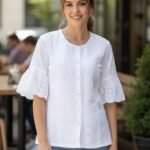 Women?s White Cotton Embroidered Shirt with Round Neck