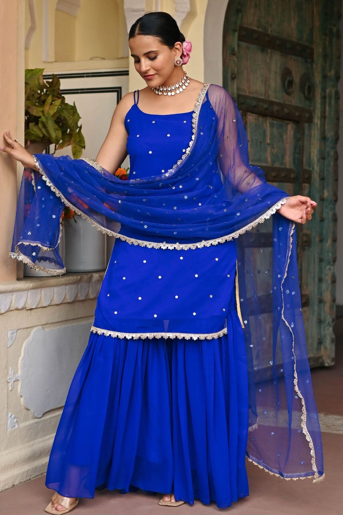 DARK BLUE GEORGETTE KURTA AND SHARARA SET