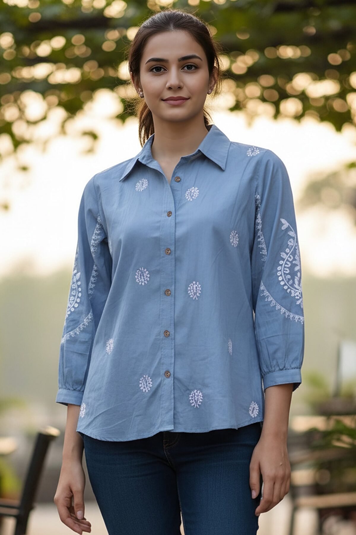 Sky Blue Handcrafted Embroidered Cotton Shirt with Statement Sleeves