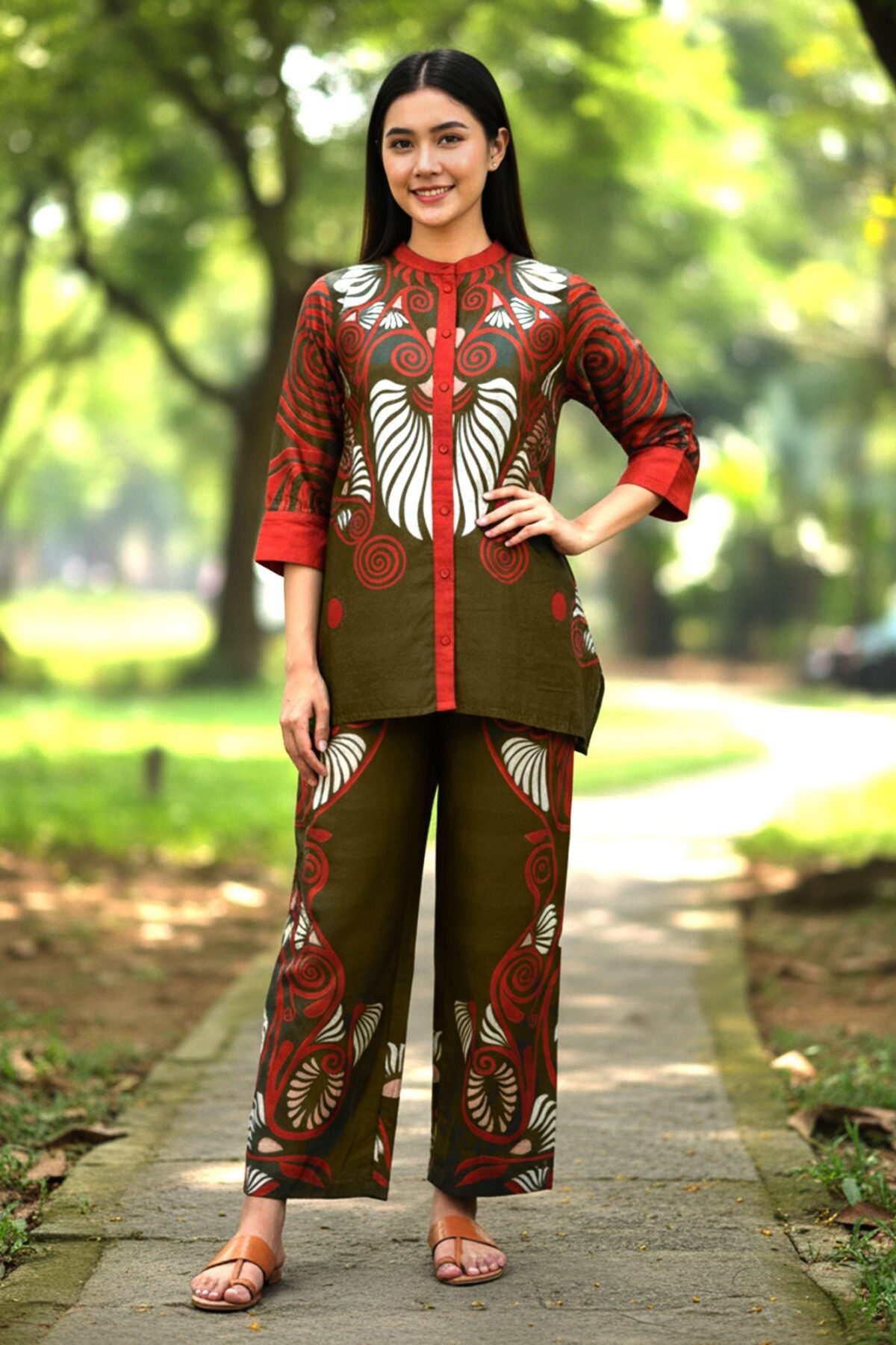 Printed Red Rayon Co-Ord Set