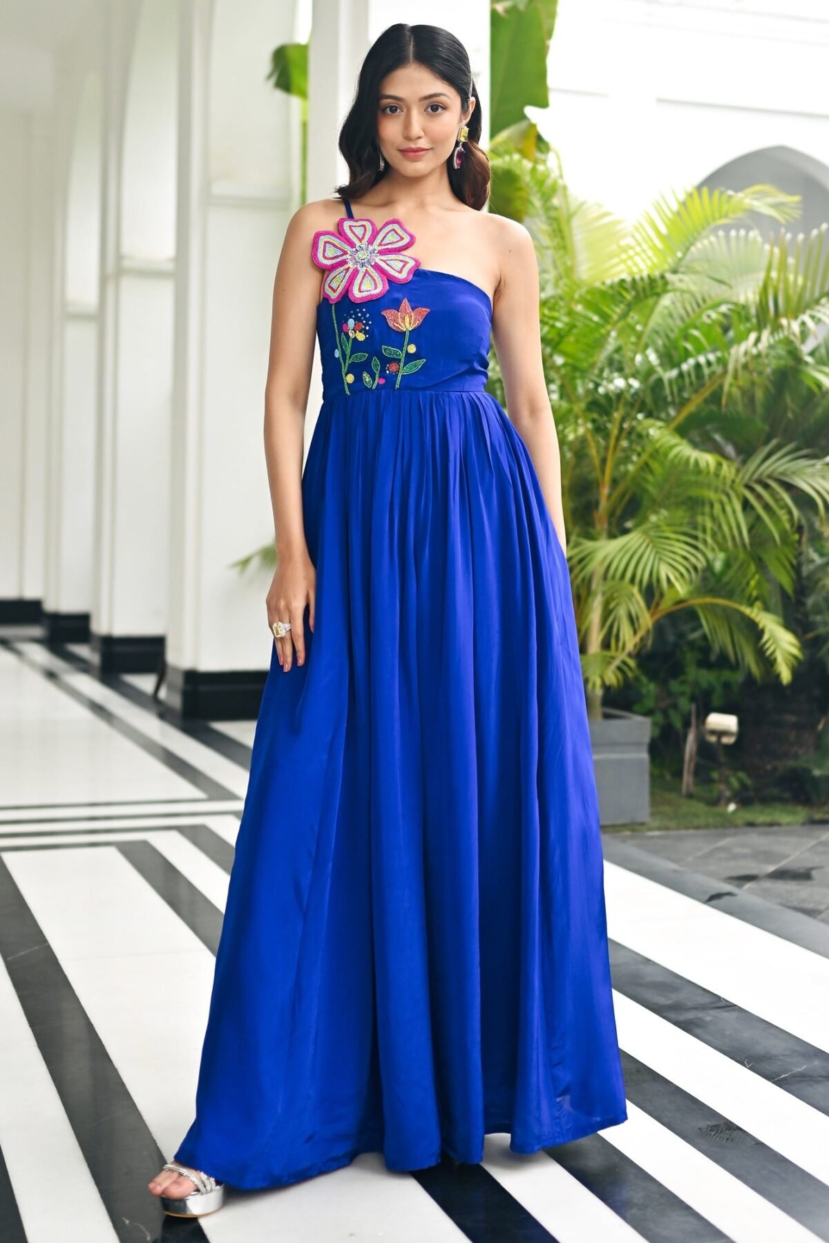 Dark Blue Flower Bouqet Long Dress
