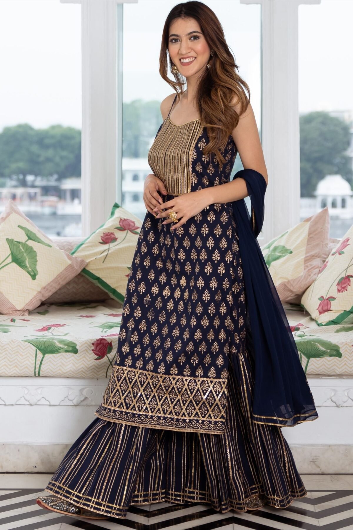 Navy Blue Cotton Printed Long Kurta and Sharara Set