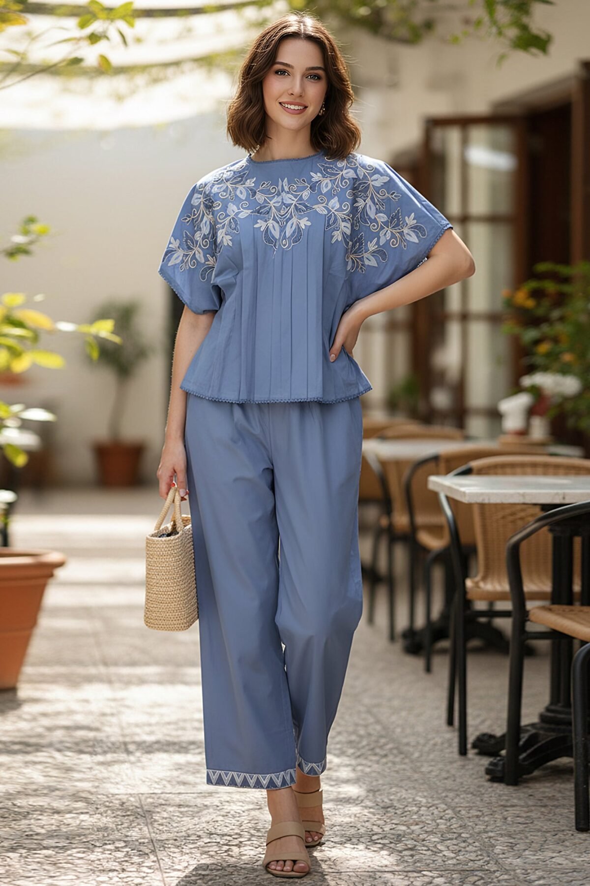 Serene Blue Cotton Embroidered Co-ord Set
