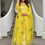 Yellow Handbrush Organza Anarkali Set