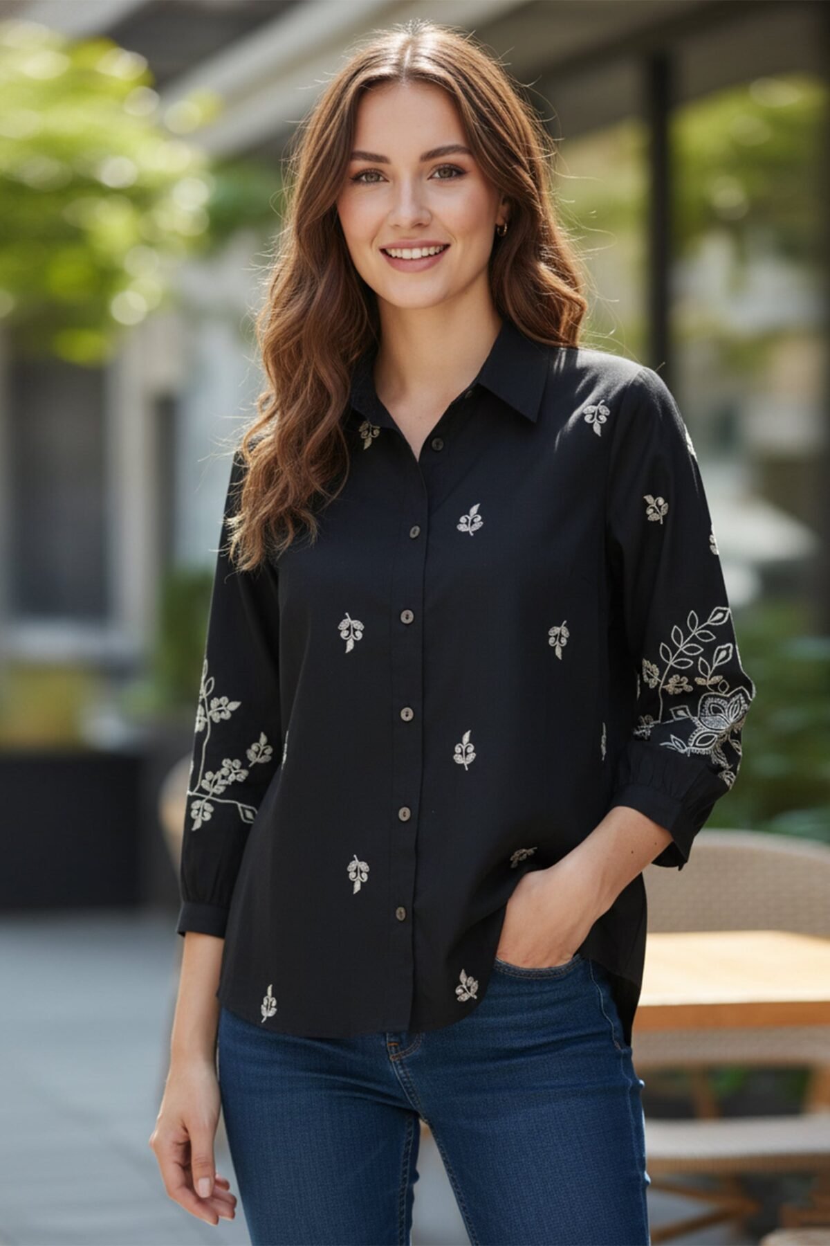 Elegant Black Button-Down Shirt with Floral Embroidered Sleeves