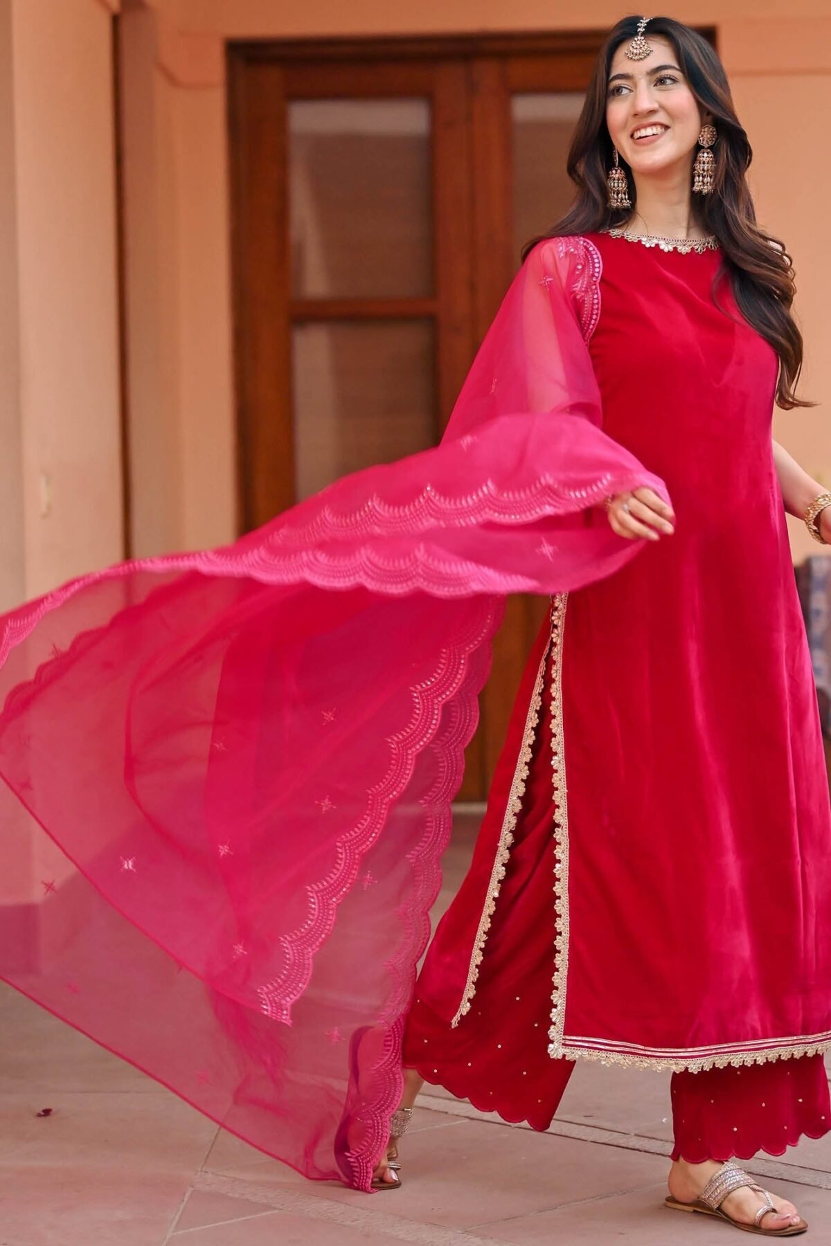 Pink Velvet Kurta Palazzo Set