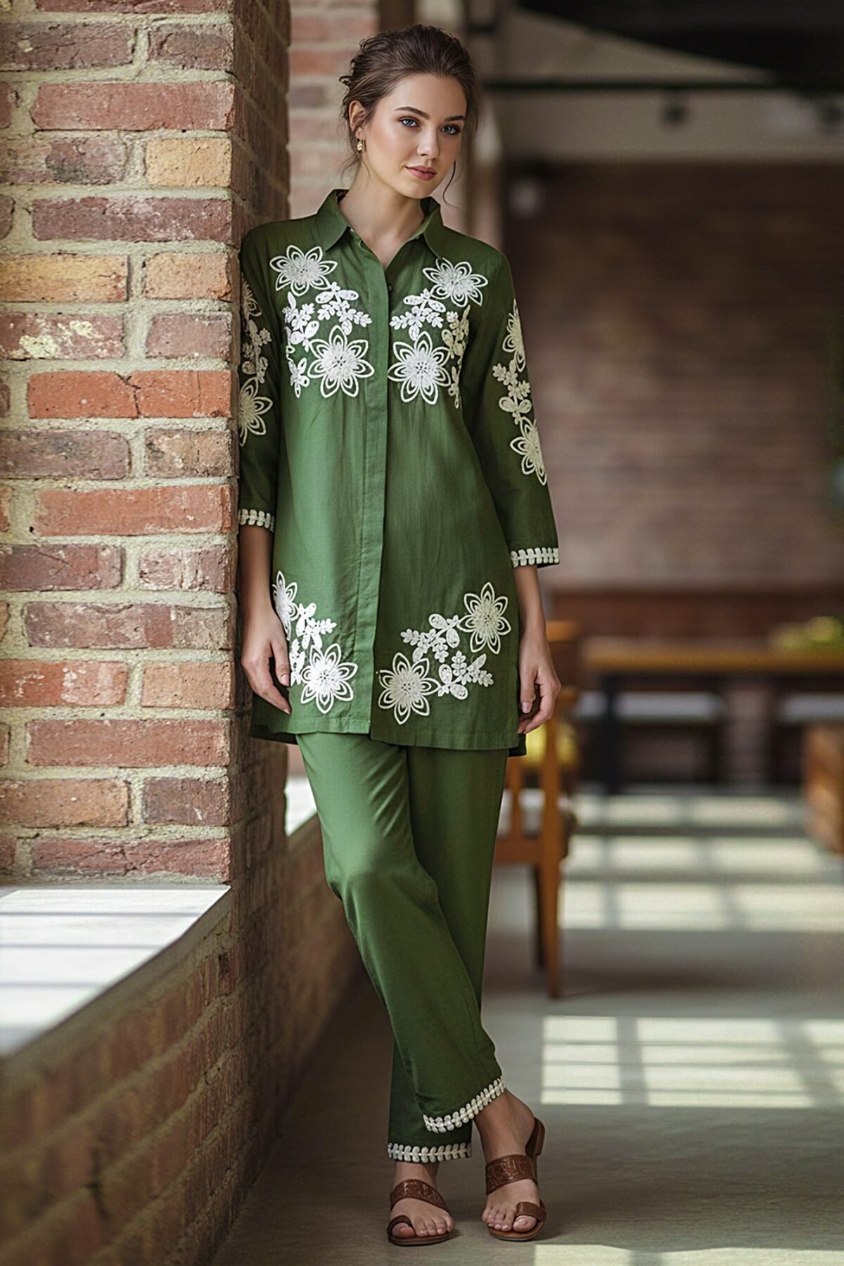 Green Floral Embroidered Cotton Co-ord Set