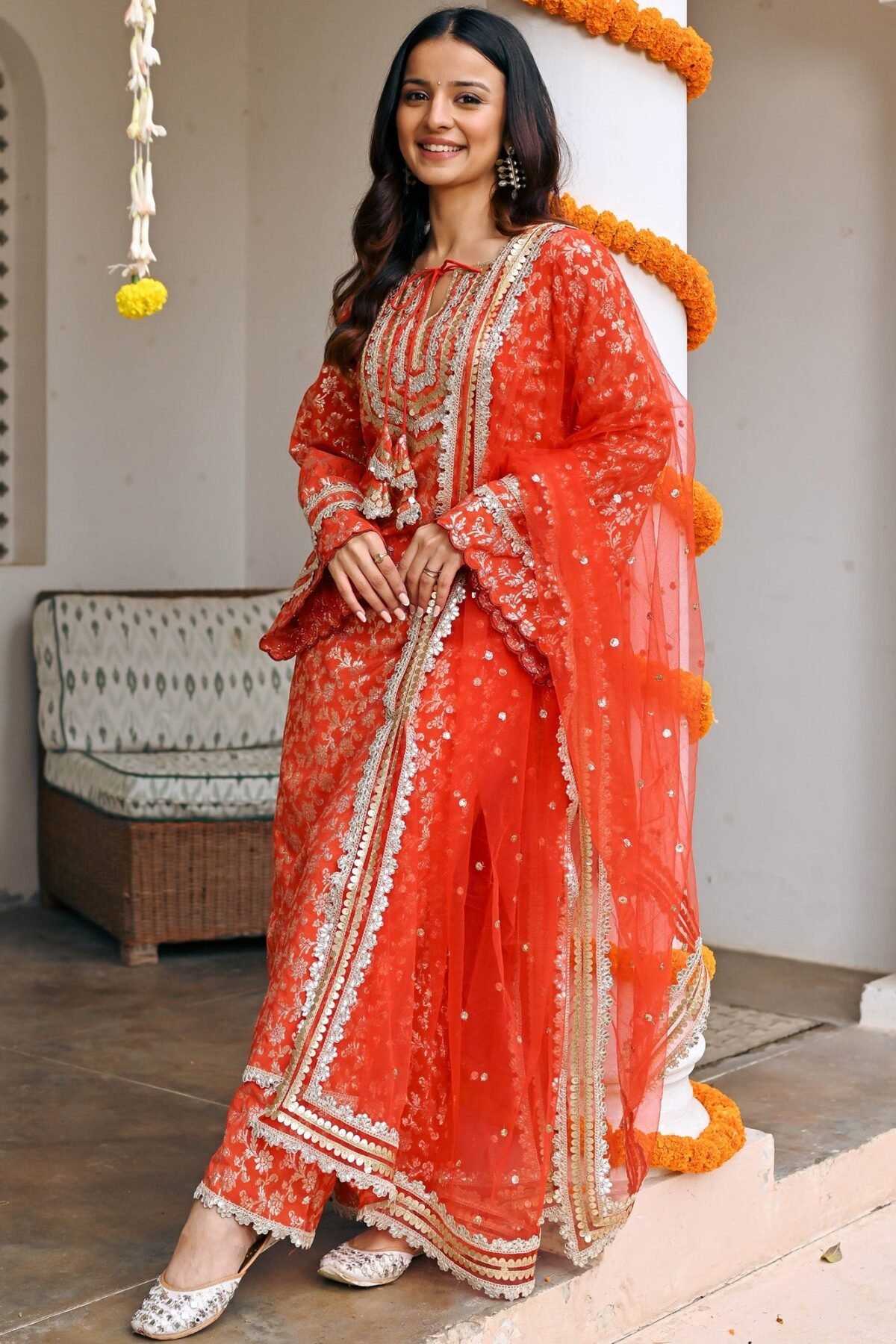 Red Jacquard Kurta Set