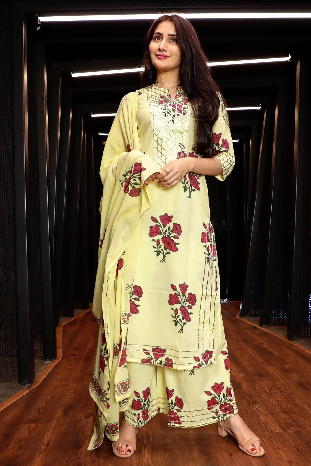 Yellow Floral Suit Set- Set Of Three