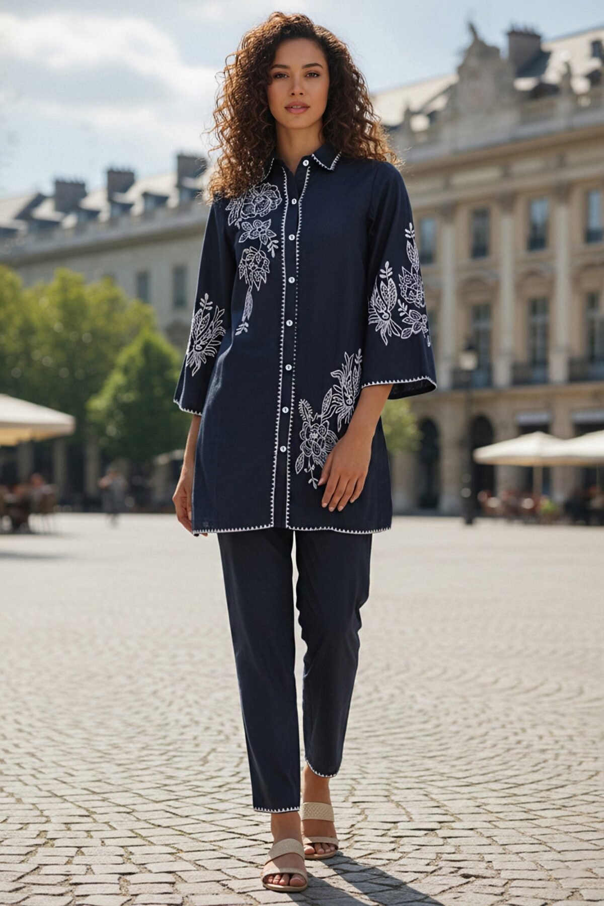 Navy Blue White Embroidered Co-ord Set
