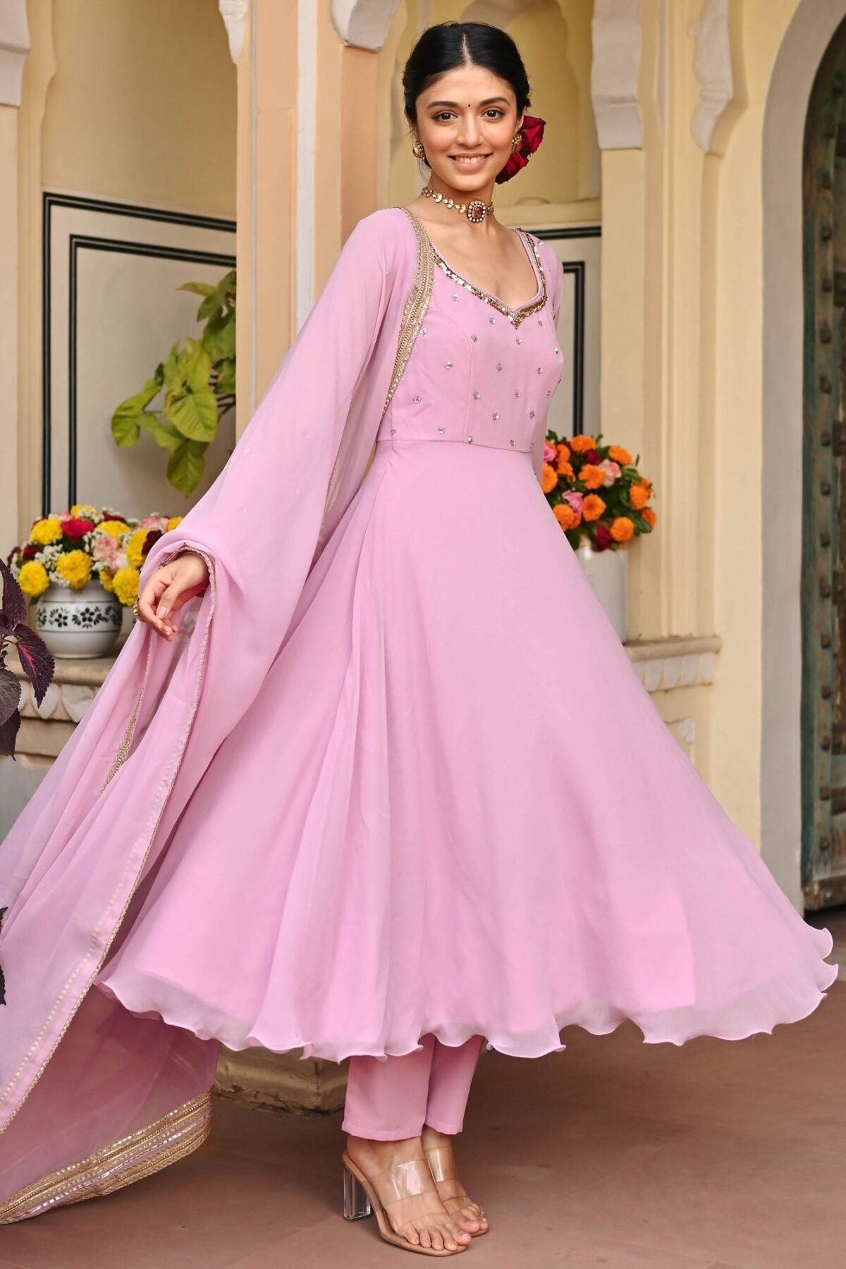 Lavender Handwork Georgette Anarkali Set