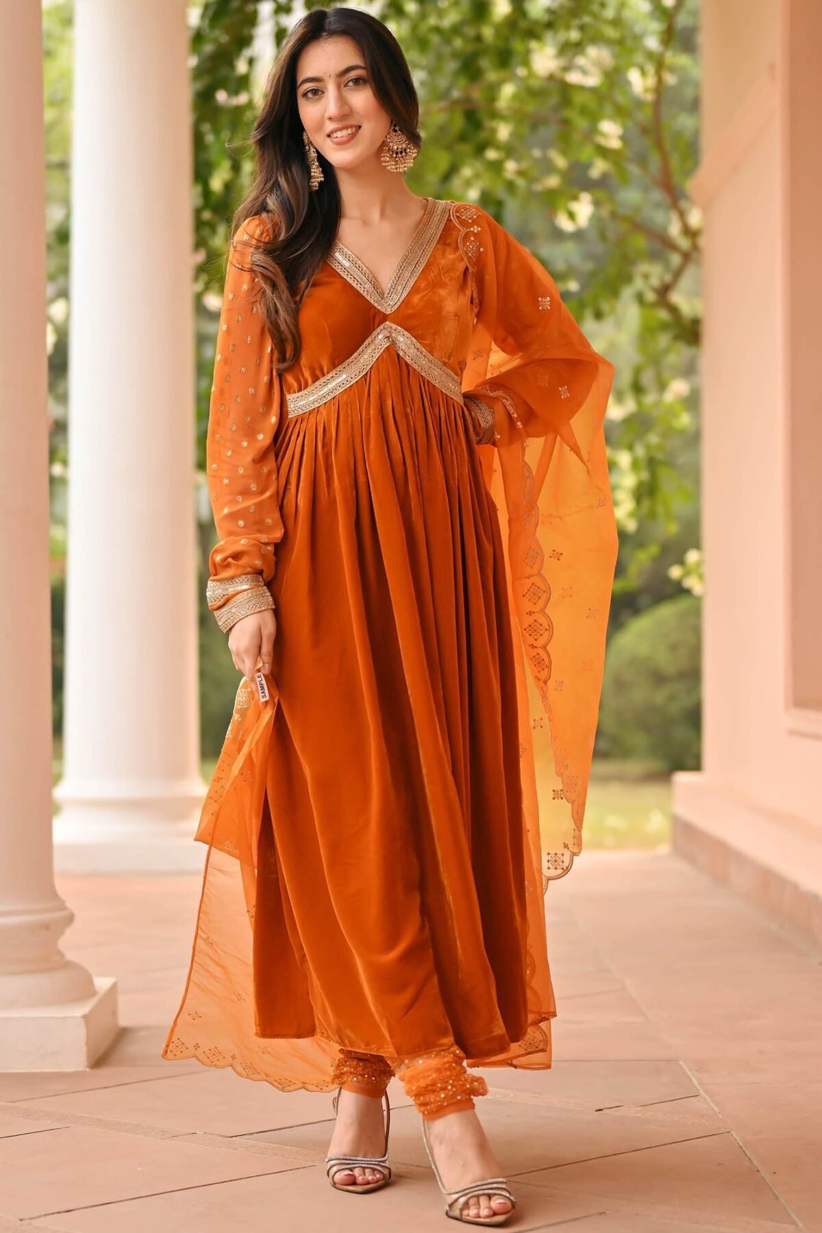 Yellow Velvet Anarkali Churidar Set