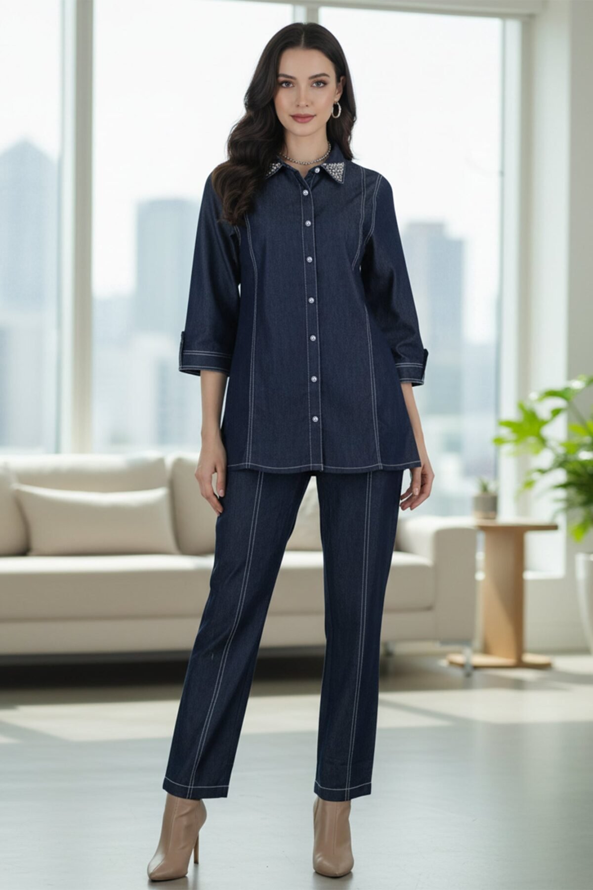 Viscose Navy Blue Embroidered Co Ord Set