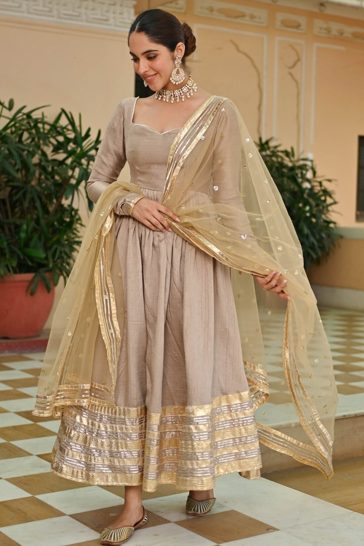 Beige Gold Silk Anarkali set