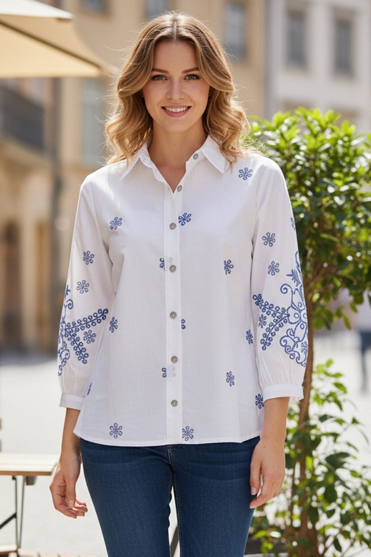 Elegant White Button-Down Shirt with Blue Floral Detailing
