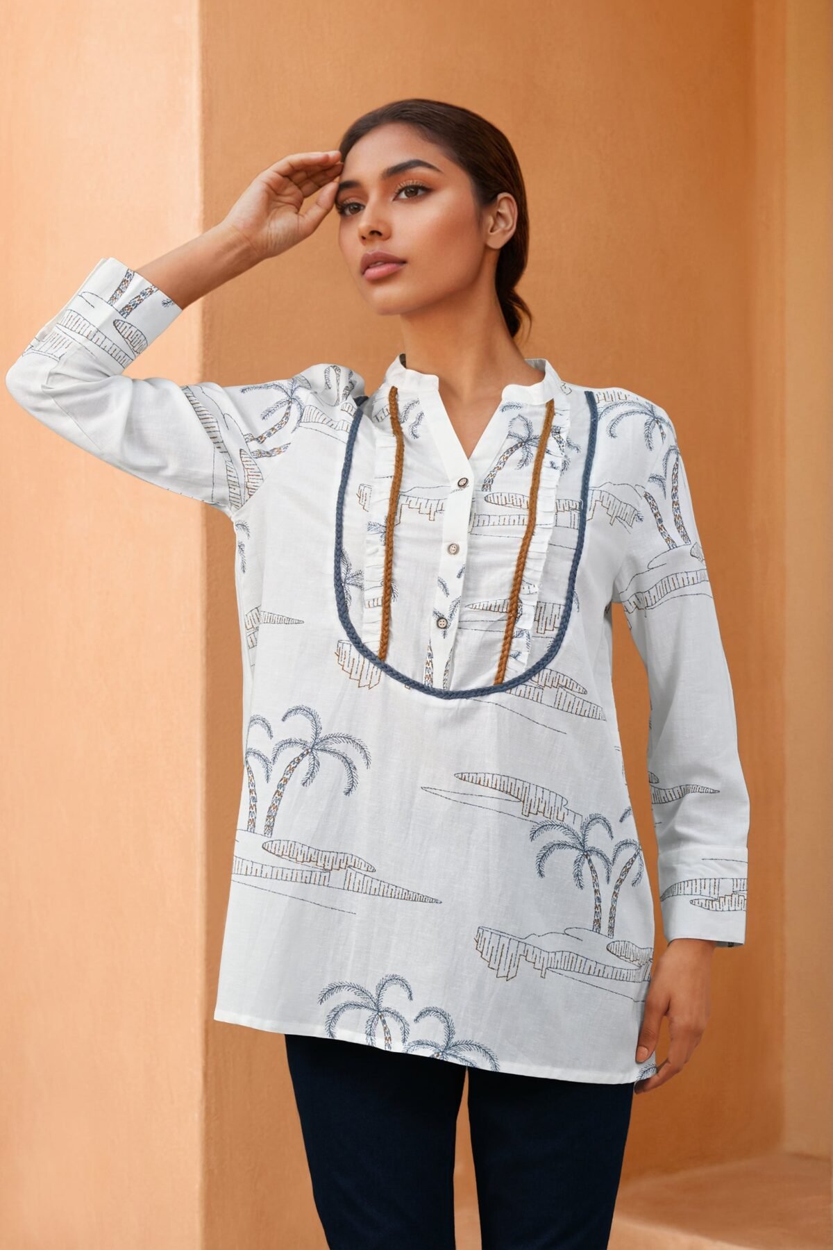 White Printed Cotton Flex V-Neck Shirt with Full Sleeves