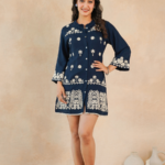 Navy Blue Embroidered Rayon Midi Dress