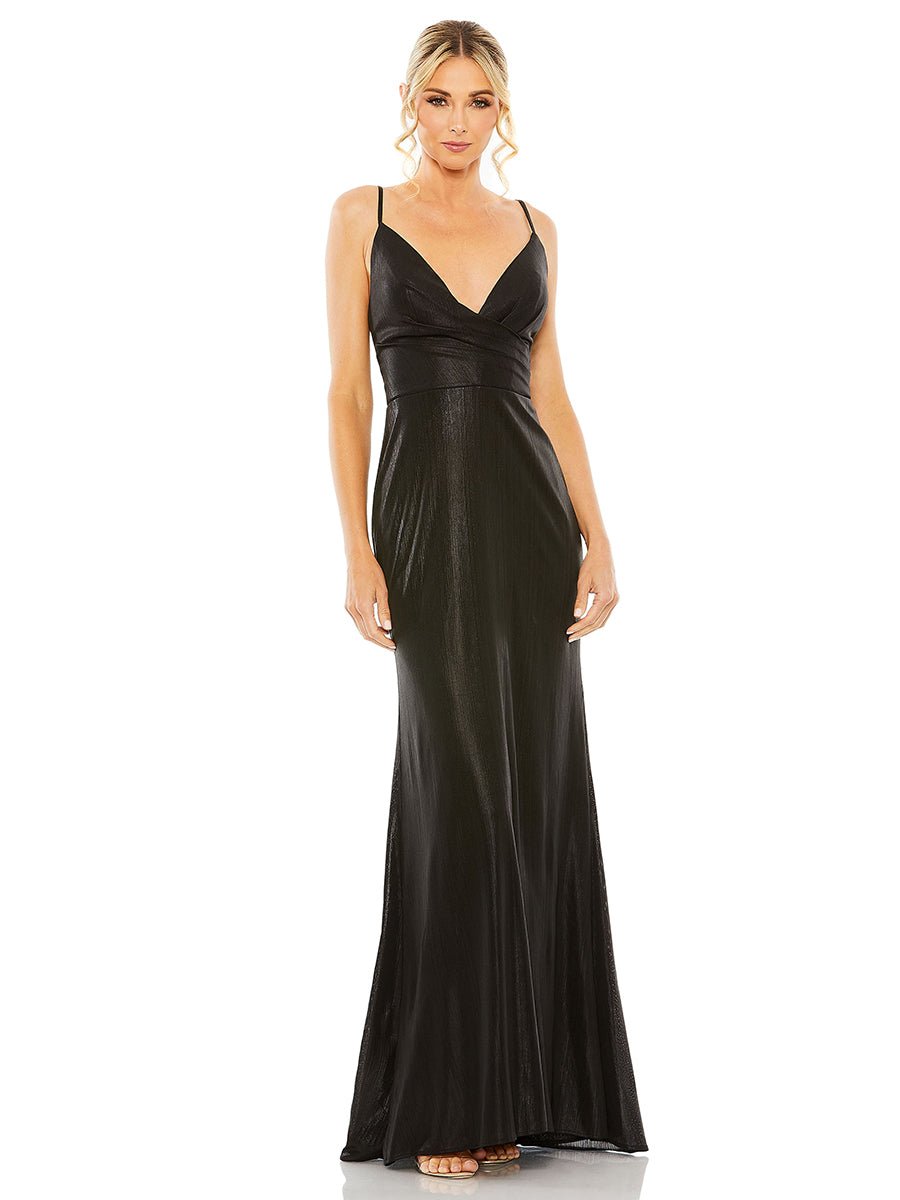 Black Metallic Faux Wrap Spaghetti Strap Gown