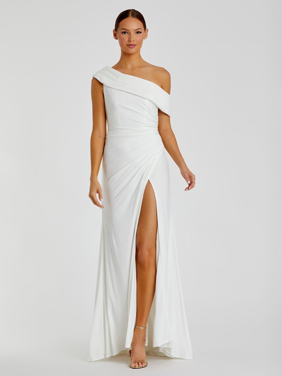 White Foldover Off-the-Shoulder Slit Gown