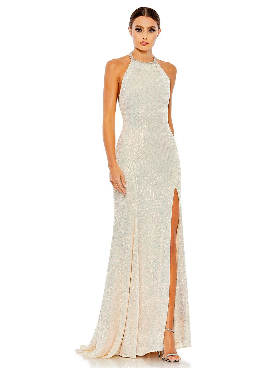 White Sequined High Neck Rhinestone Trim Column Gown