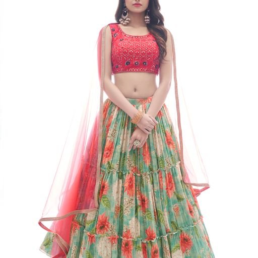 Designer Pink And Green Color Lehenga Choli With   Thread And Mirror  Work    Wedding Party Wear Lehenga Choli With Dupatta