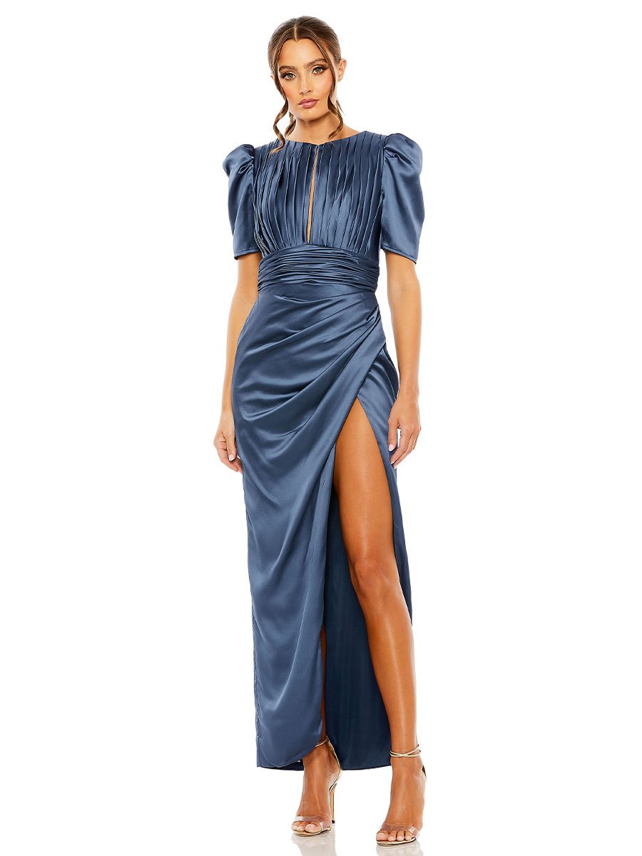 Blue Puff Sleeve Pleated Bodice Draped Gown