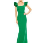 Green Ruffle Cap Sleeve Open Back Column Gown