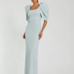 Fitted Crepe Square Neck Gown With Puff Sleeves