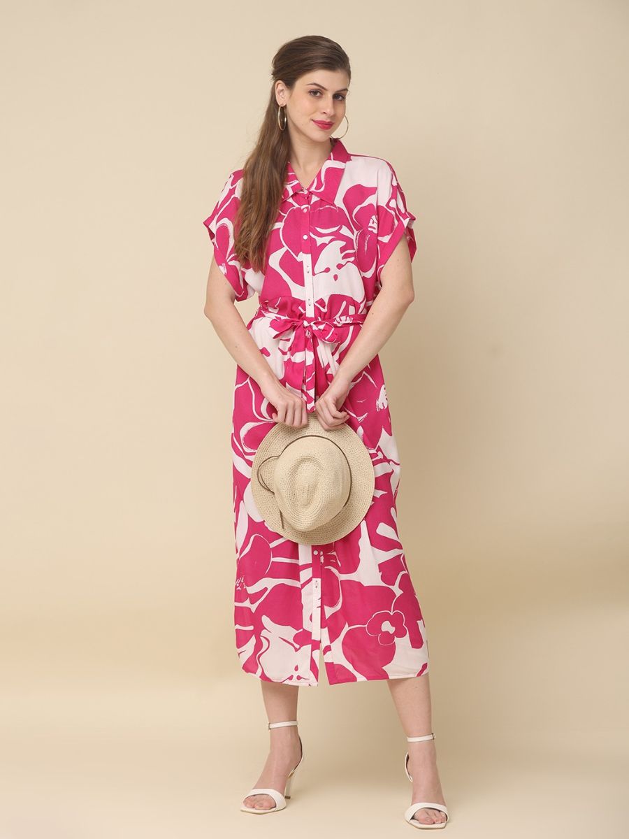 Pink Printed Rayon Midi Dress