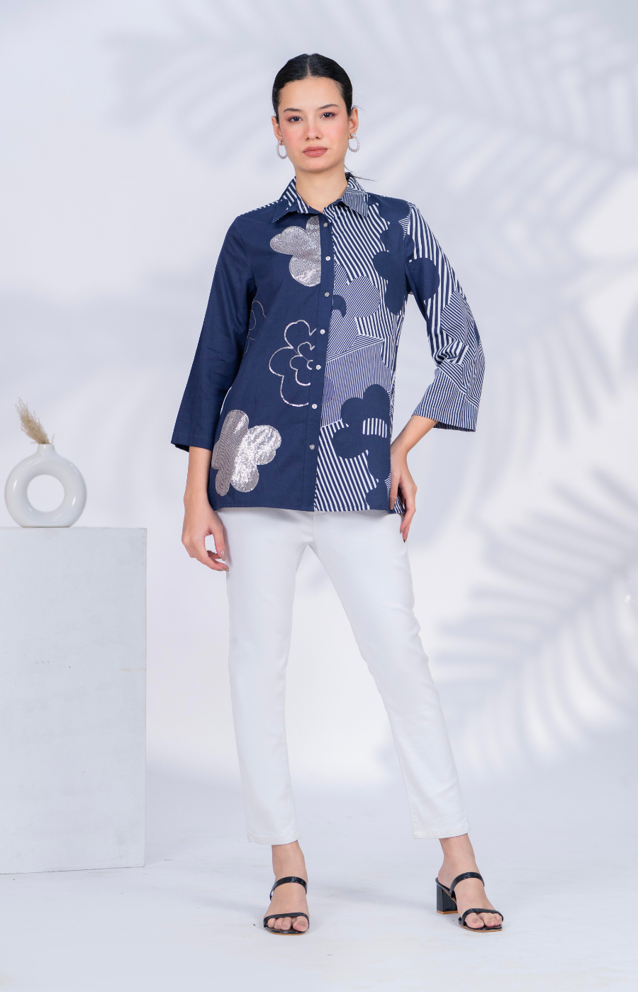 Women Designer Patchwork Navy Casual Shirt