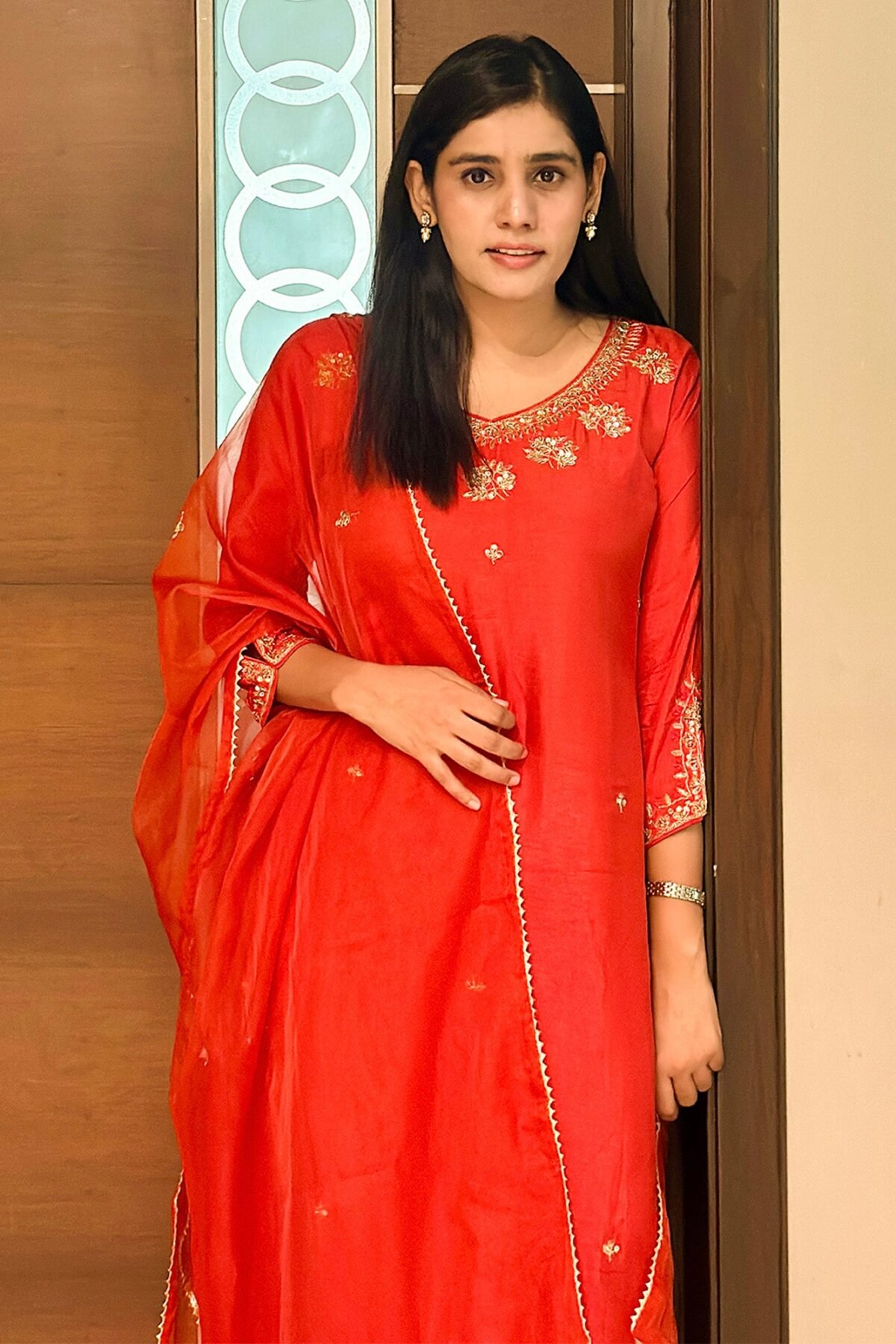 Burnt Orange Handwork Suit Set With Organza Dupatta