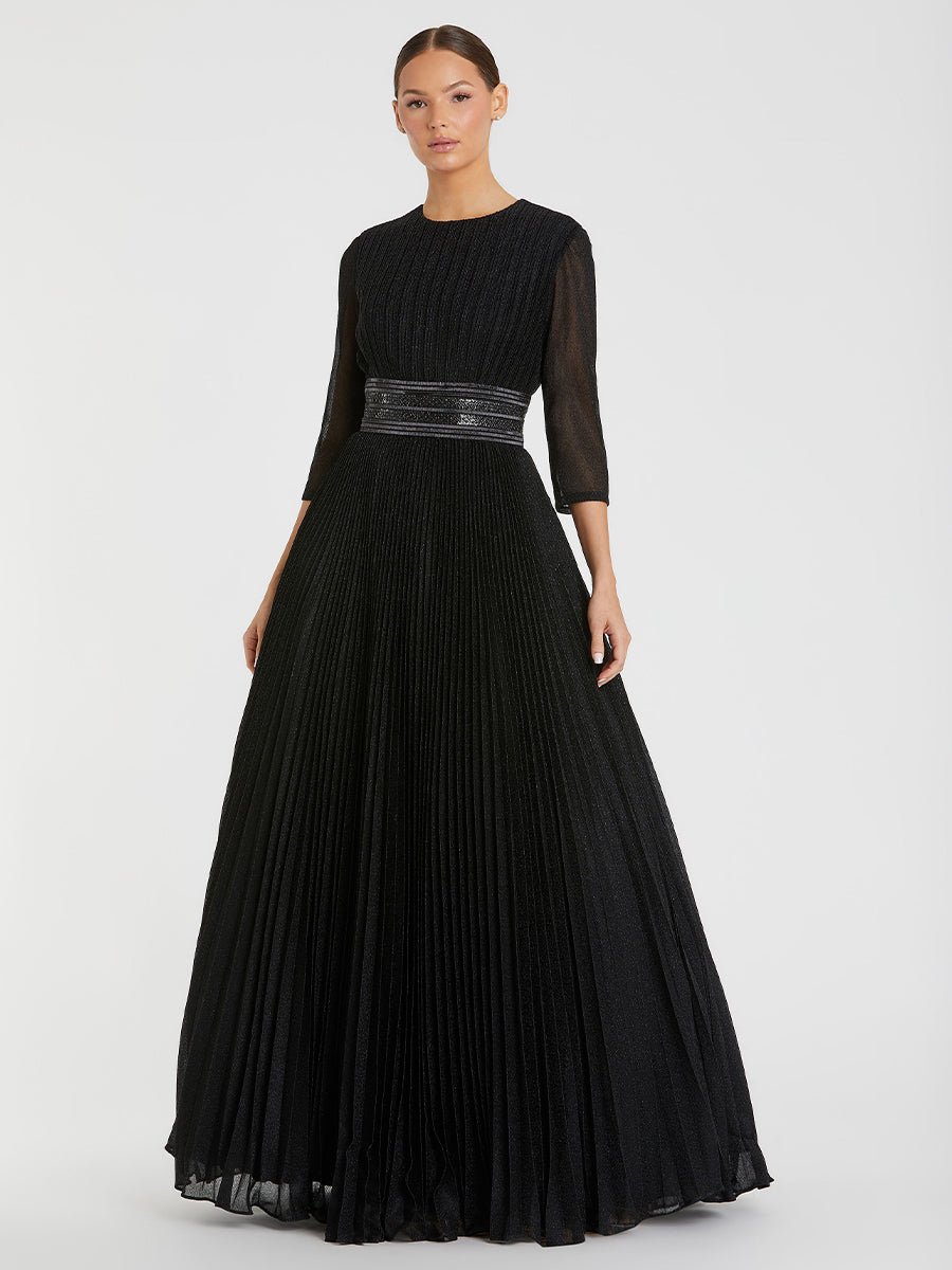 Shimmering Pleated A-Line 3/4 Sleeve Gown