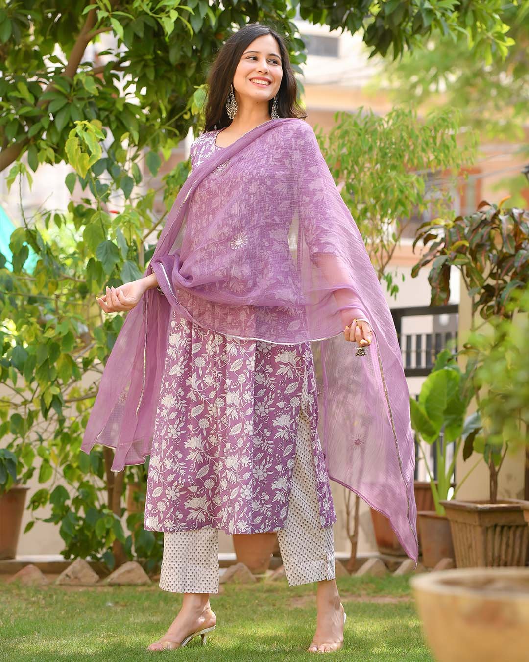 Purple & White Cotton Handblock Suit Set