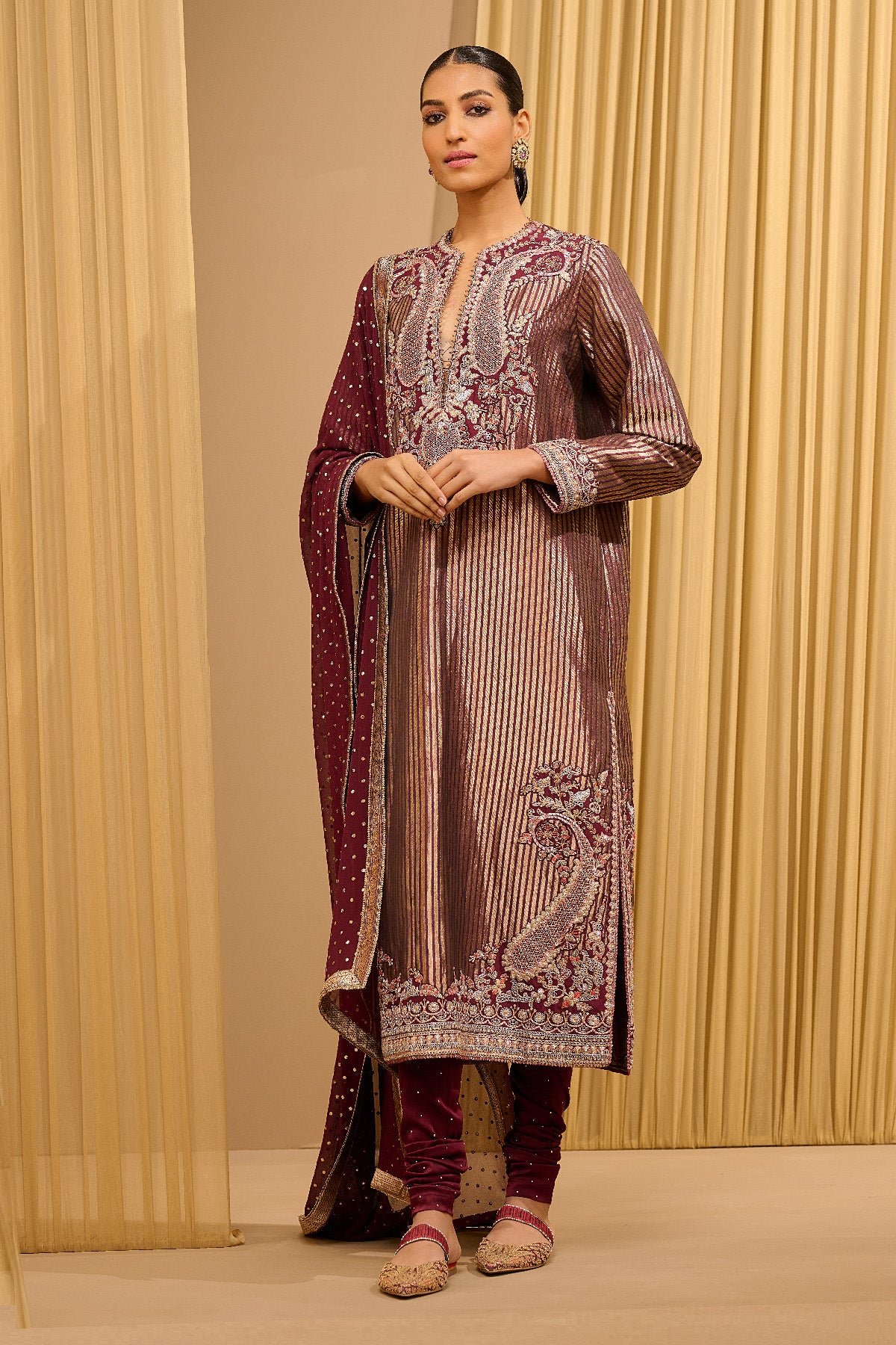 Otherworldly Hand Embroidered Brocade Kurta With Dupatta & Churidar