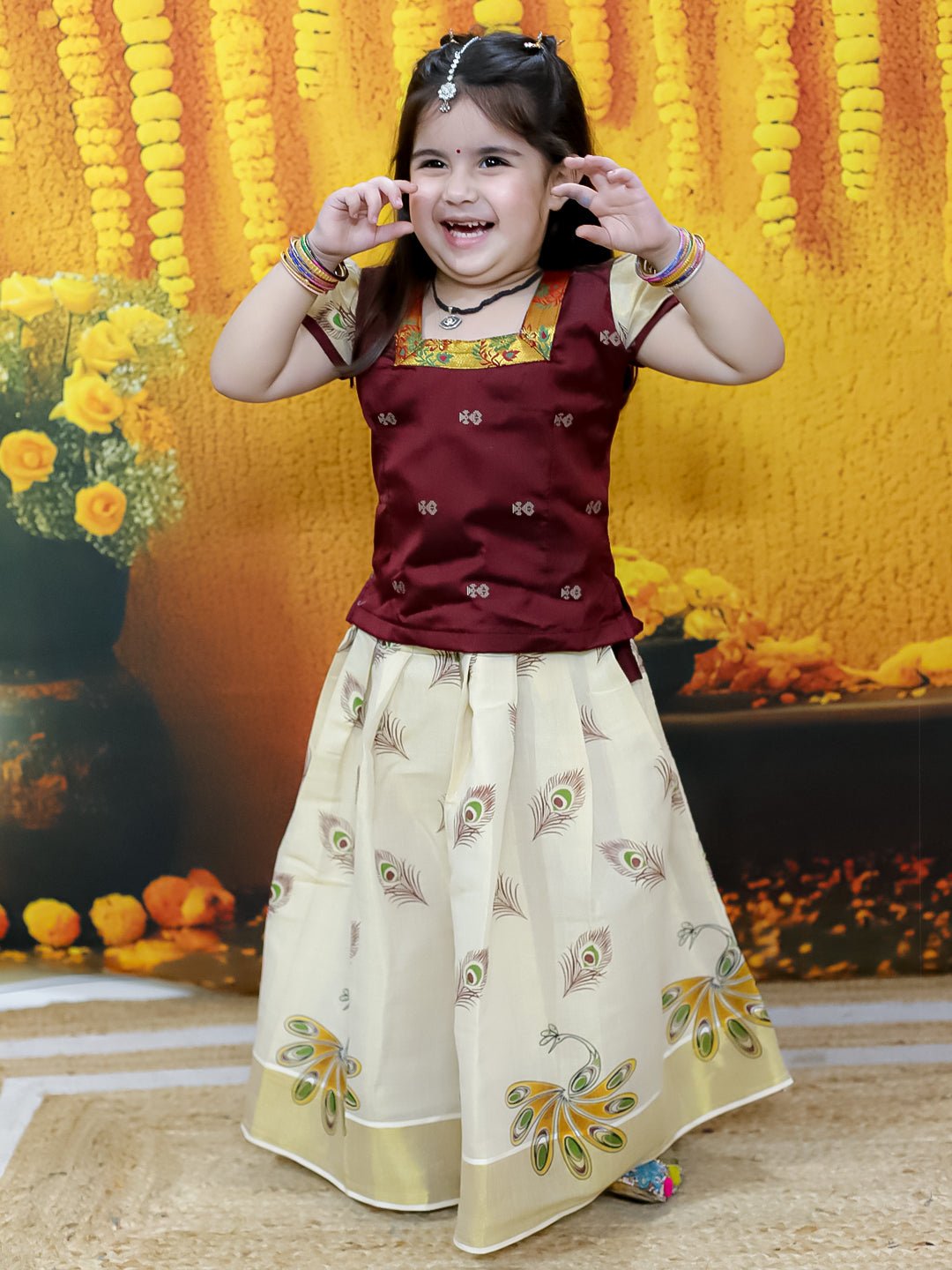 Fast Wear Half Sleeve South  Pavda Pattu Lehenga For Girls