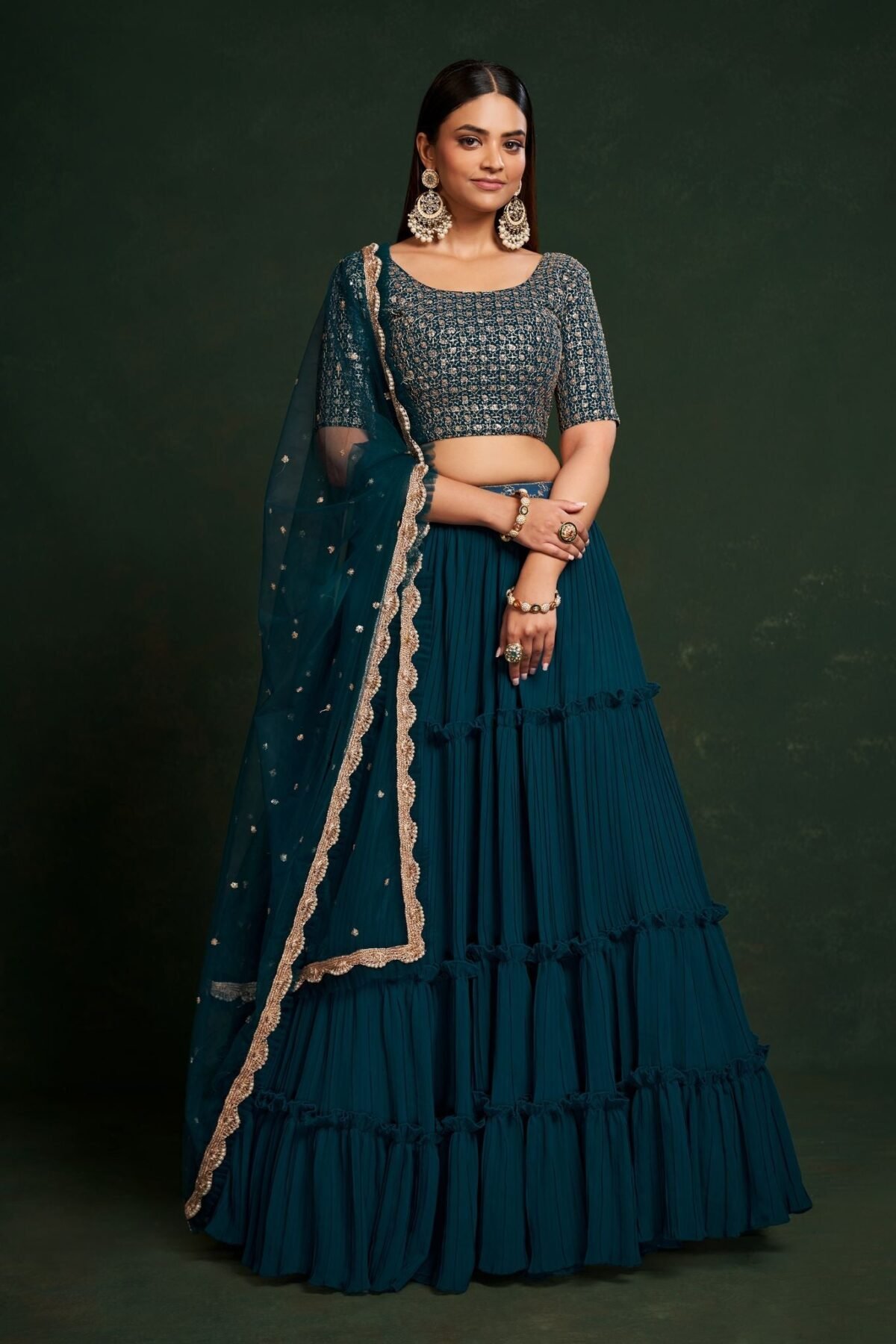Teal Blue Thread And  Sequins Embroidery Work  Lehenga Choli With Net  Dupatta