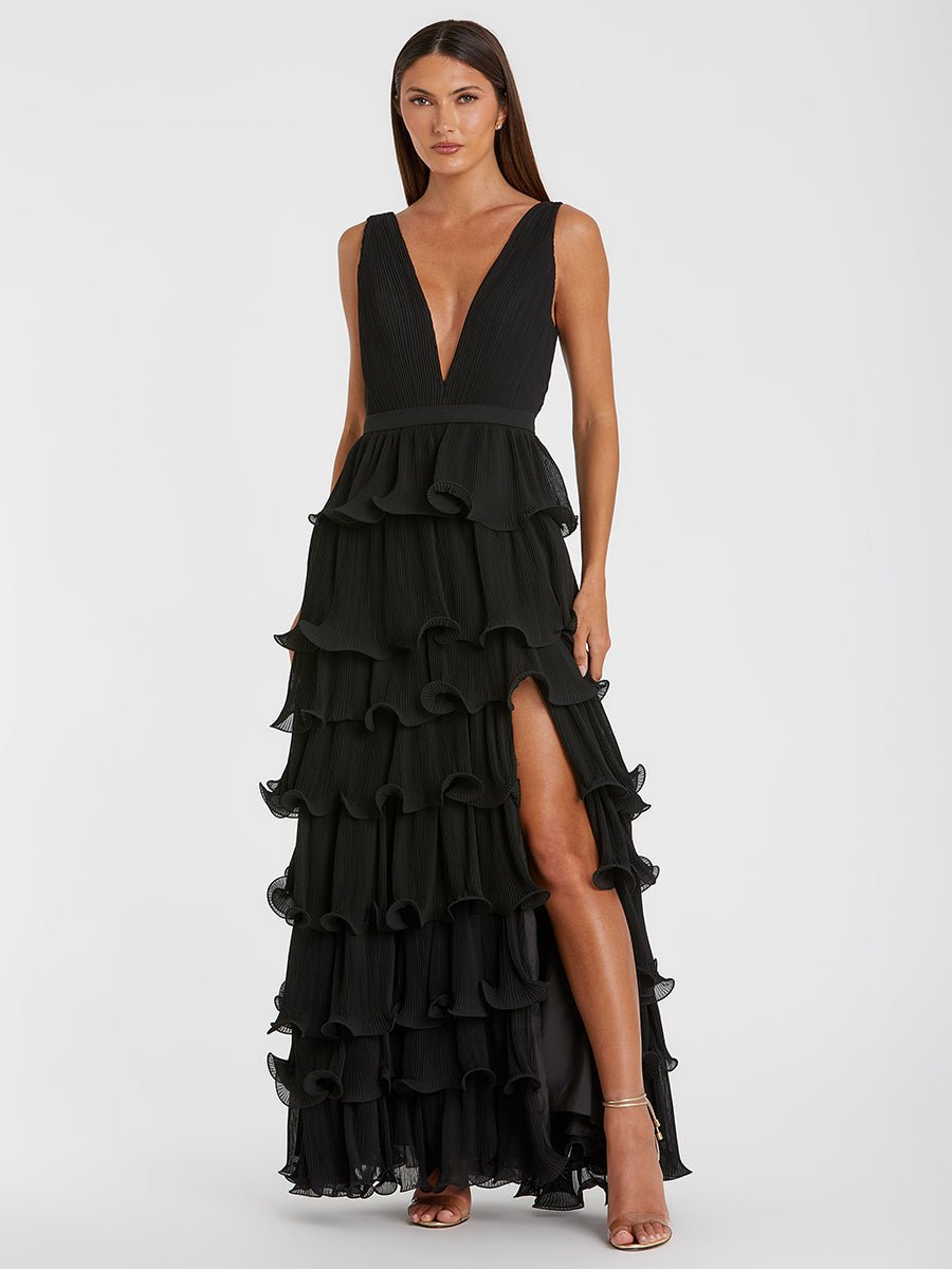 Black Sleeveless Ruffle Tiered V Neck Gown