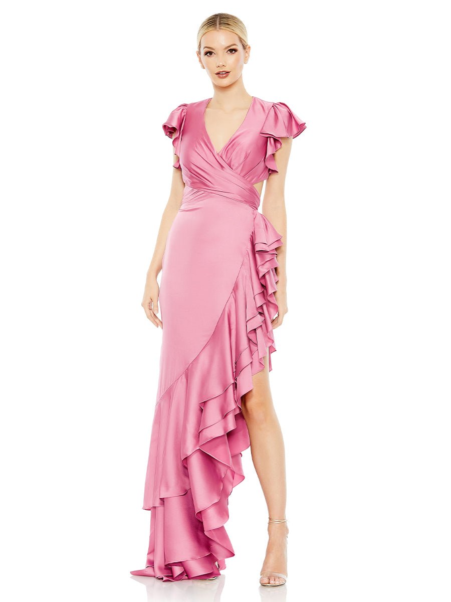 Pink Flutter Sleeve Cut Out Asymmetrical Ruffled Gown