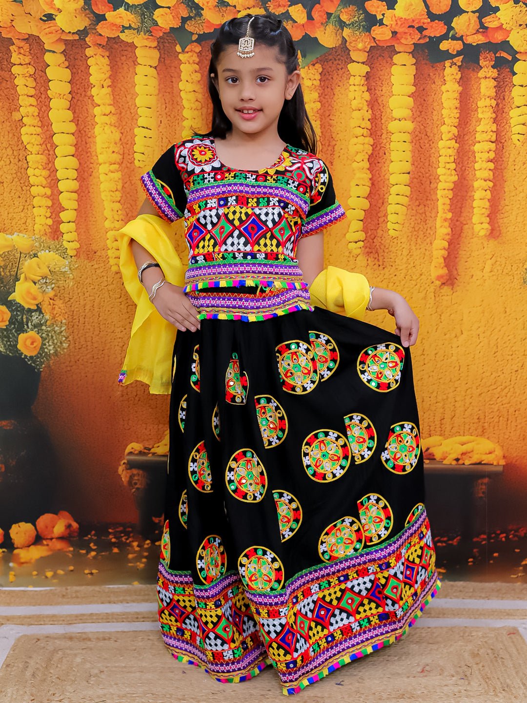 Fast Wear Embroidered Printed Cotton Chaniya Choli Dupatta  Set For Girls