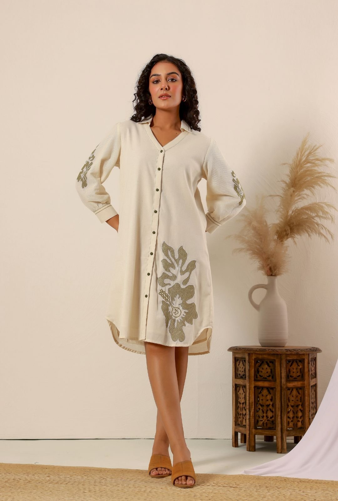 Beige flower embroidery Cotton Shirt Dress