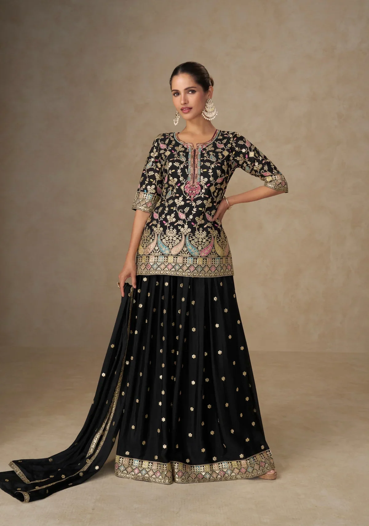 Black Chinon Embroidered Salwar Suit