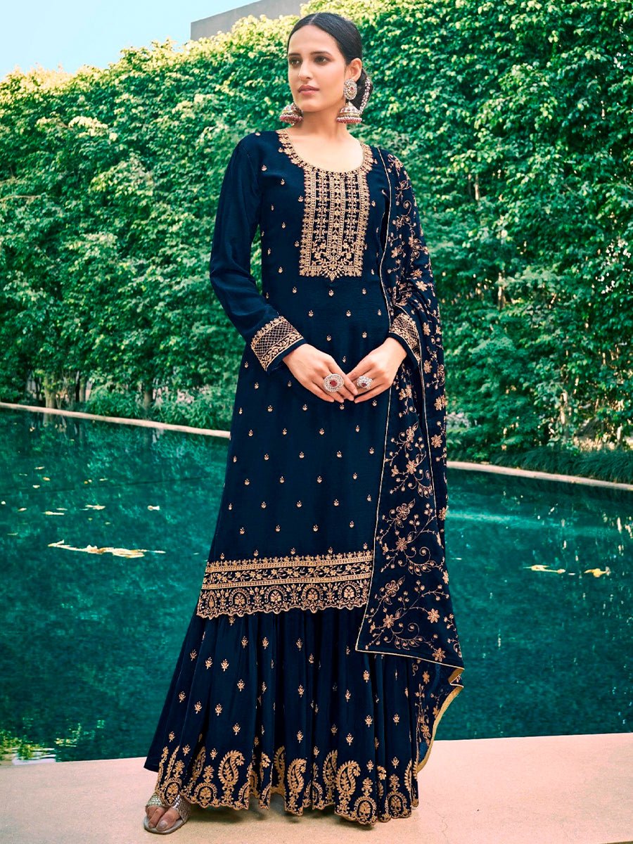 Mia Navy Blue Designer Chinon Silk Salwar Kameez