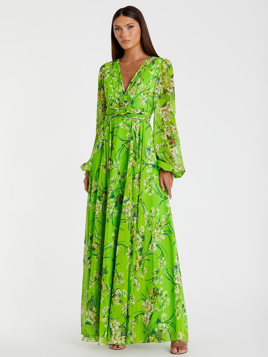 Green Puff Sleeve Floral Chiffon Gown