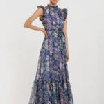 Purple Printed Chiffon Ruffle Sleeve Gown With Bow Belt