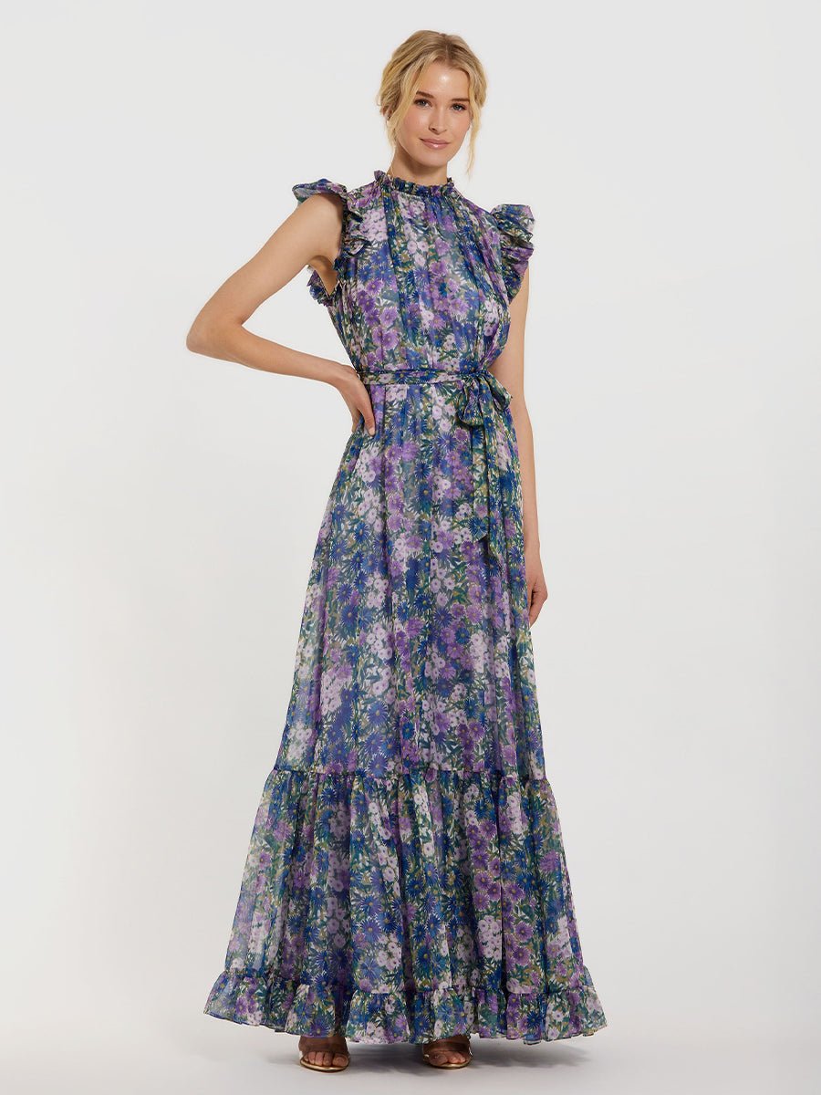 Purple Printed Chiffon Ruffle Sleeve Gown With Bow Belt