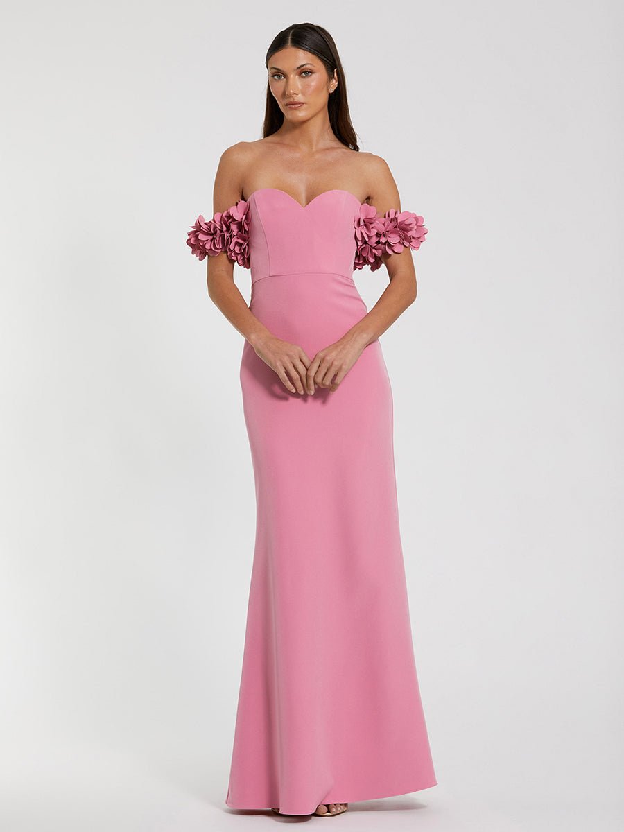 Pink Crepe Off The Shoulder Gown With 3D Flowers