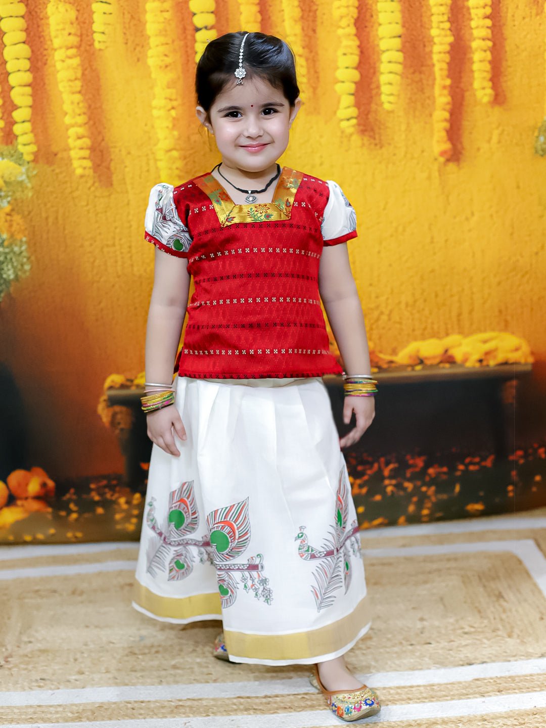 Fast Wear Half Sleeve South  Pavda Pattu Lehenga For Girls