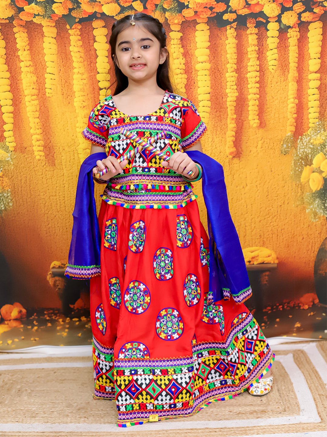 Fast Wear Embroidered Printed Cotton Chaniya Choli Dupatta  Set For Girls