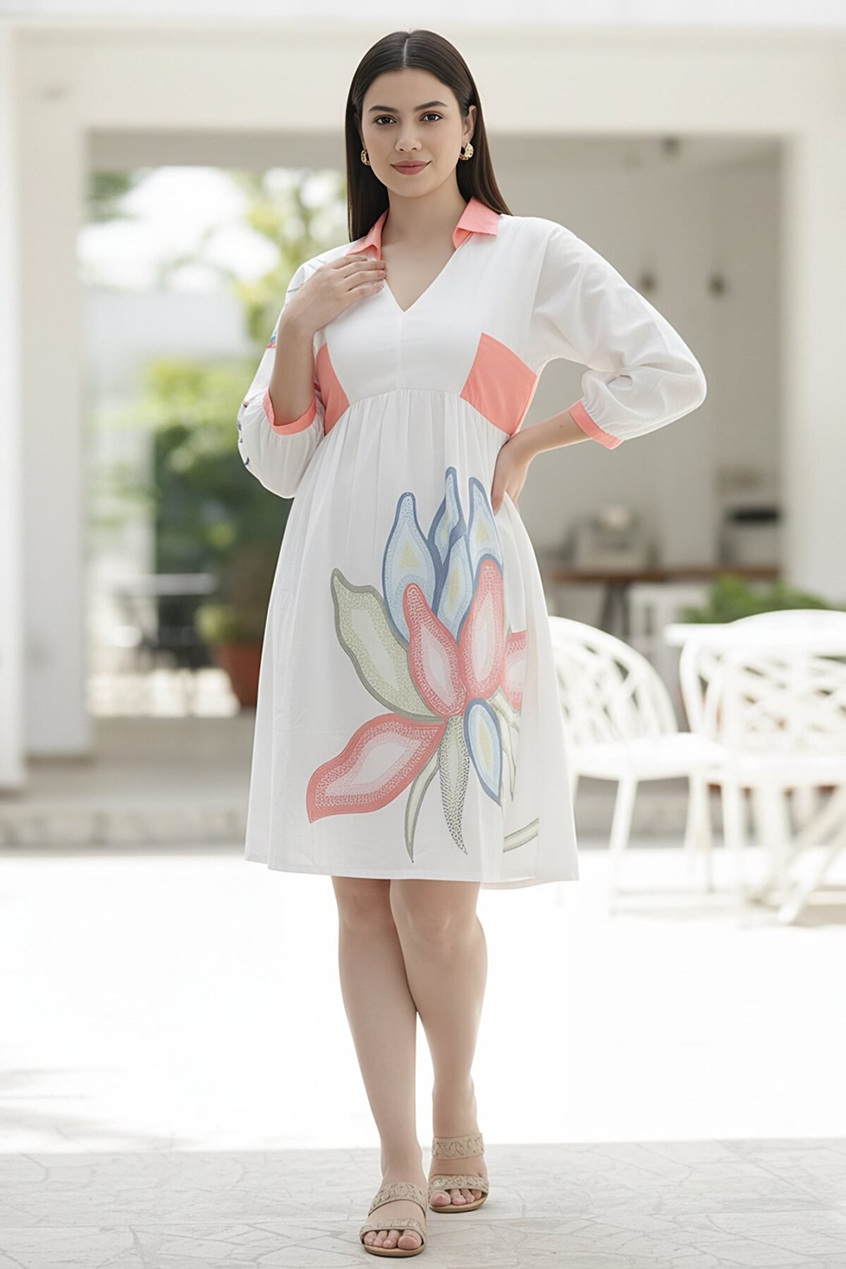 Printed Cotton Cambric Mini Dress with Soft Pink Detailing